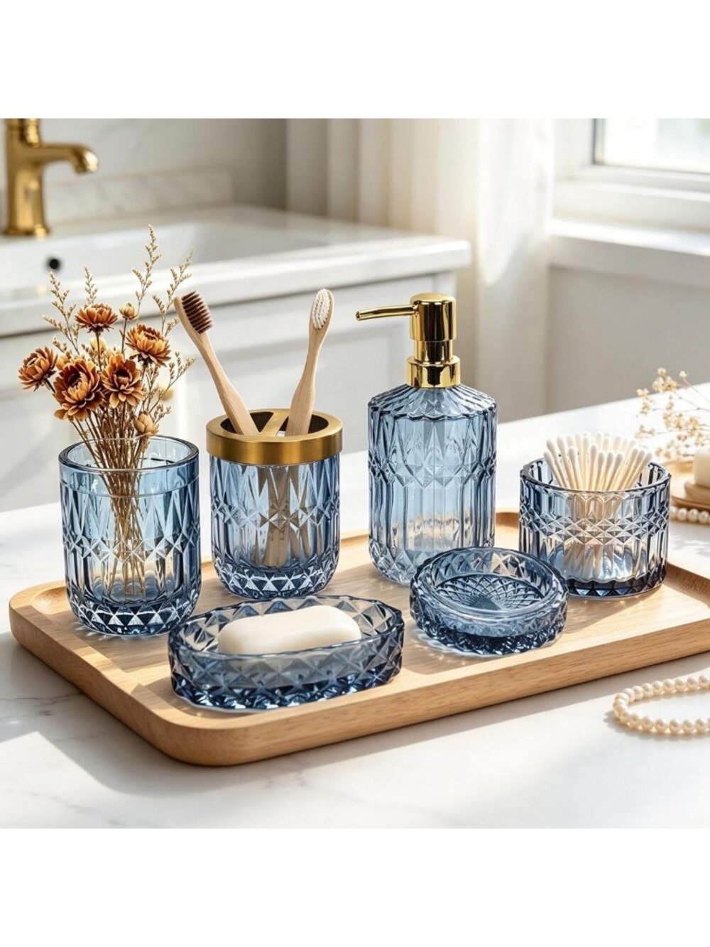 Vintage Blue Glass Bathroom Accessory Set - 5 Pcs Soap Dispenser, Toothbrush
